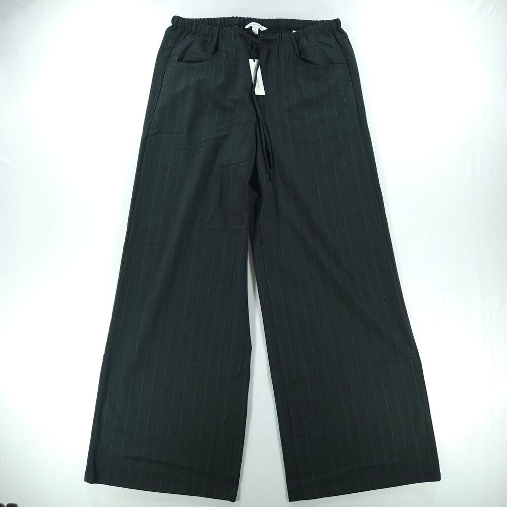 NWT Banana Republic Wide Leg Pinstripe Pants Womens S Black Wool Blend Pull-On